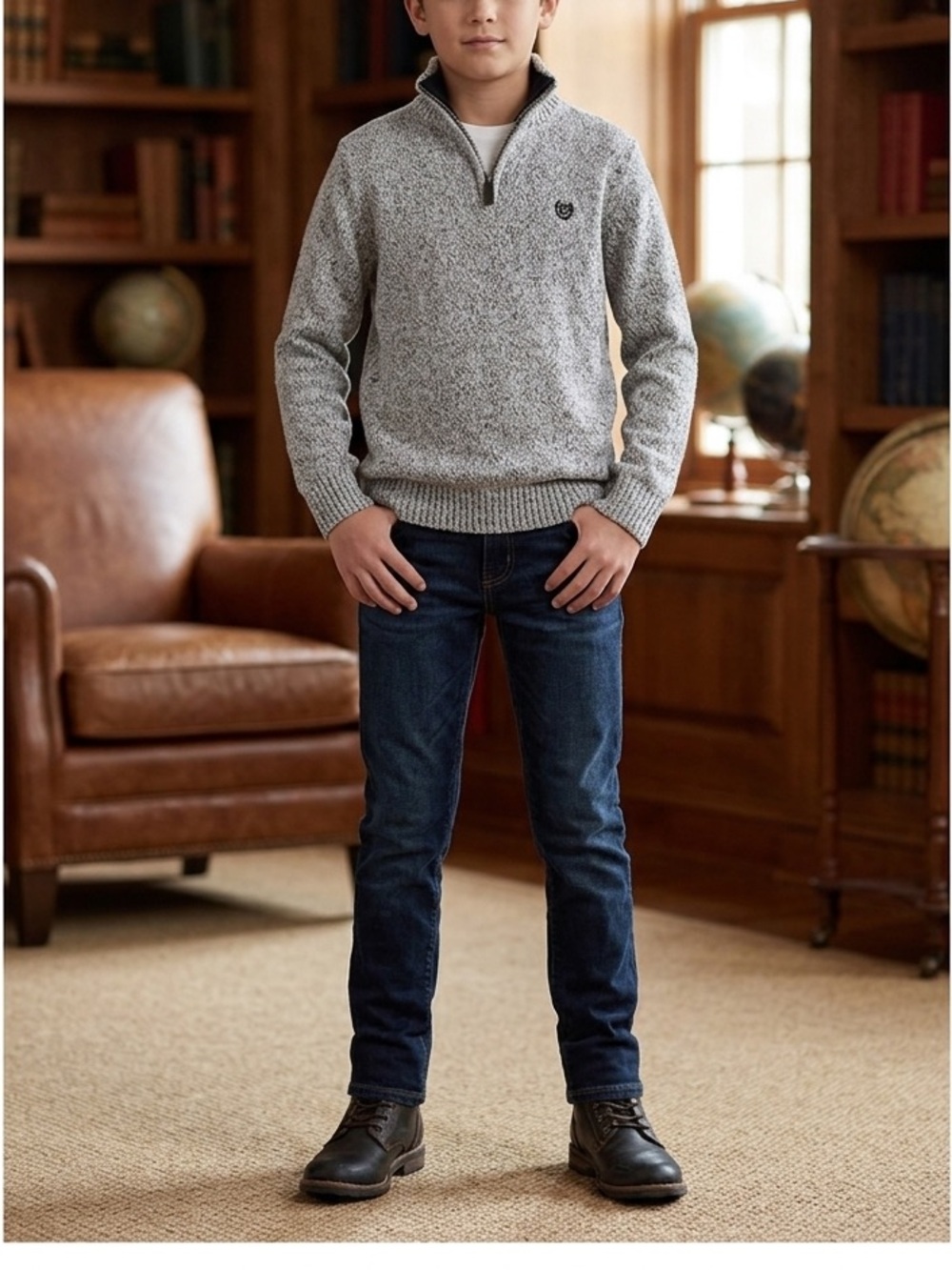 Chaps Boys Mock Neck 1/4 Zip Pullover Sweater L 14/16 Classic Preppy Grey